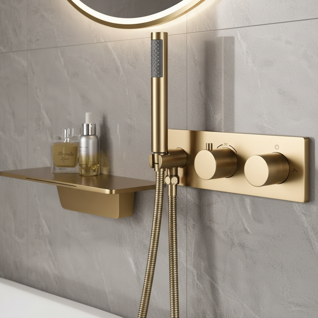 Colonne De Douche et Bain Thermostatique Encastrée Dorée