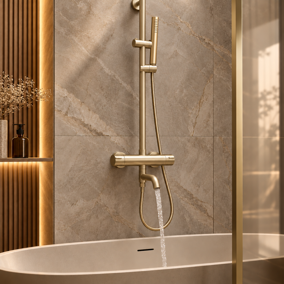 Colonne de douche et bain thermostatique or brossé