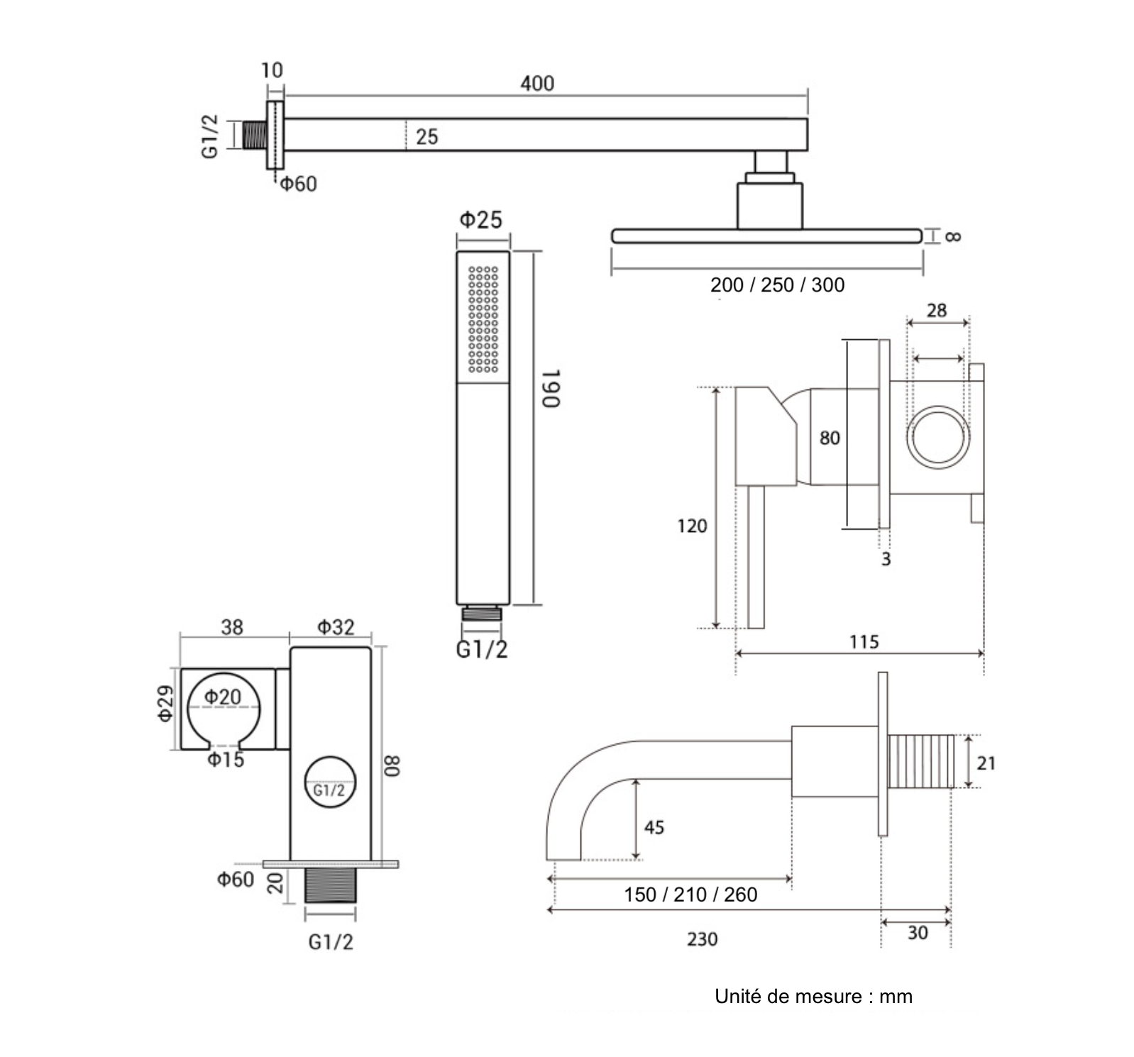 Einbau-Dusch- und Badewannensäule in gebürstetem Grau