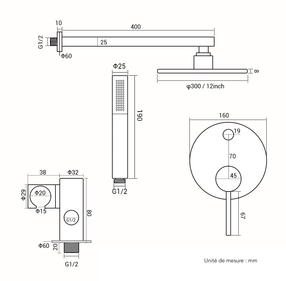 Dimensions Colonne de Douche Or Rose Brosse