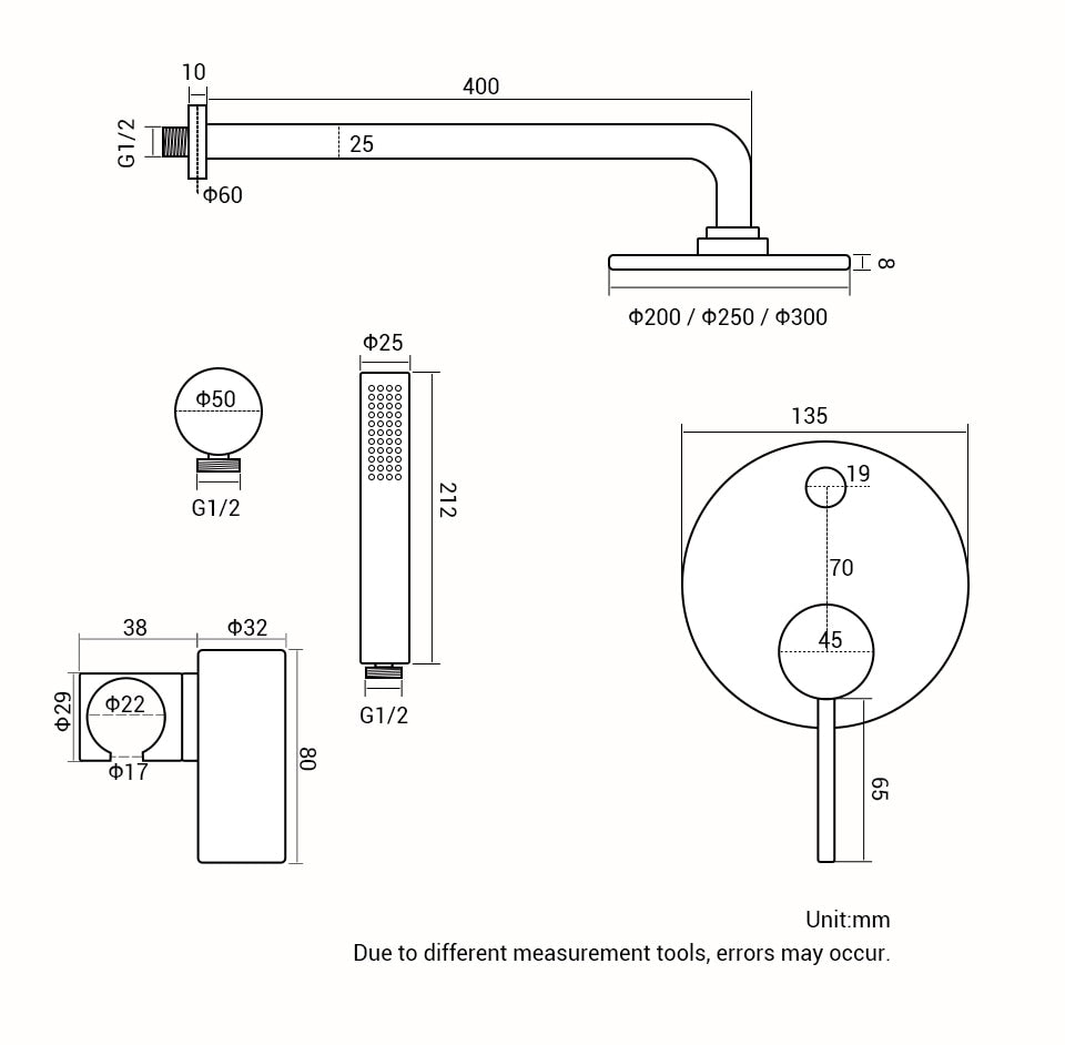 Schéma Dimensions Kit de Douche Encastré