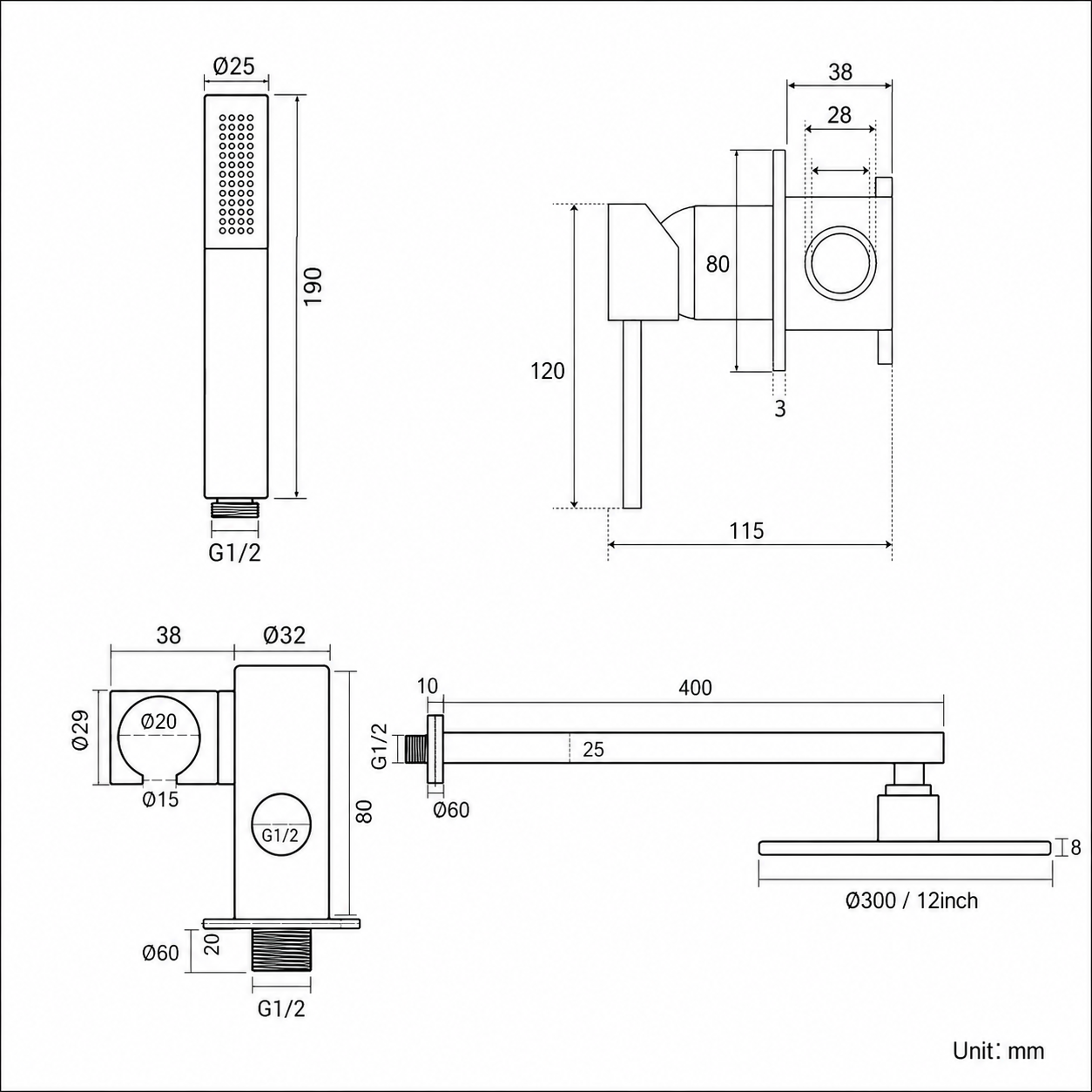 Dimensions Douche Inox Brossé